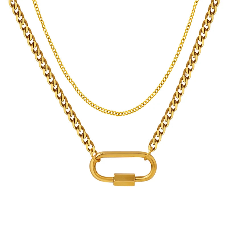 Double Layer Paper Clip Pendant Necklace Geometric Oval Buckle Gold Plated Stainless Steel Trendy Chains Parties Featuring Pearl