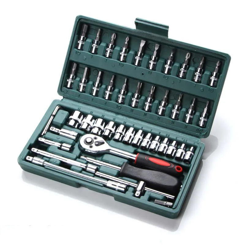 Set of 46pcs Manual Machine Car Repair Combination Tool Sets Hand Impact Spanner 1/4" Auto Socket Wrench&Screwdriver Bits Kits
