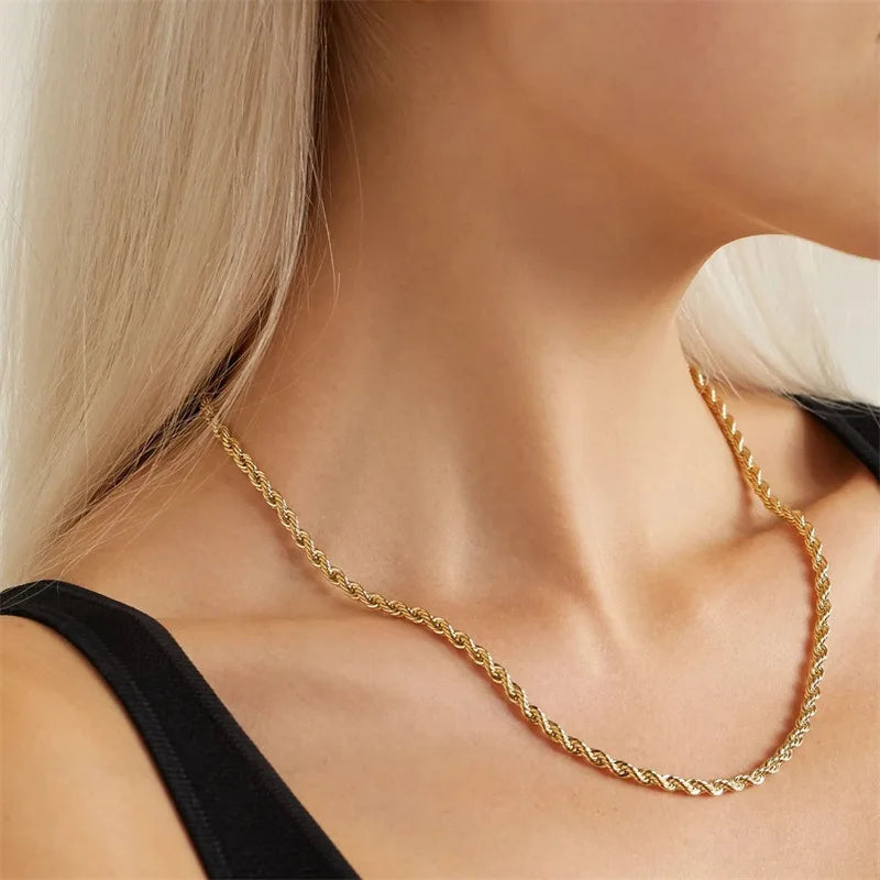 3mm Stainless Steel Twist Chain Vacuum Plating 18K Gold Hip Hop Waterproof Jewelry
