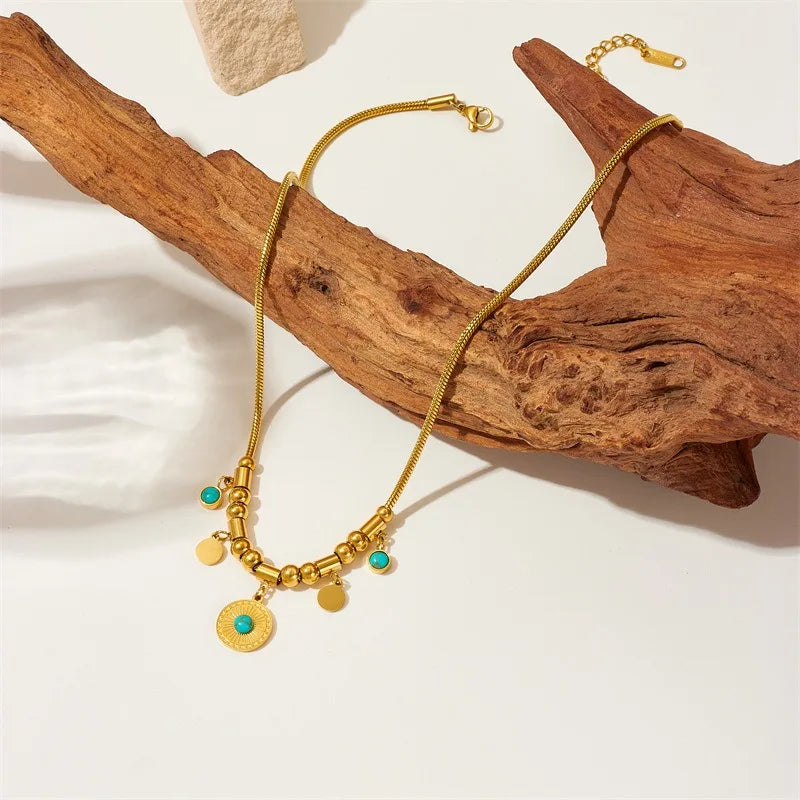 2025 New Design Bohemian Titanium Stainless Steel Turquoise Inlaid Party 18K Gold Plated No Fade Fashion Pendant Necklace