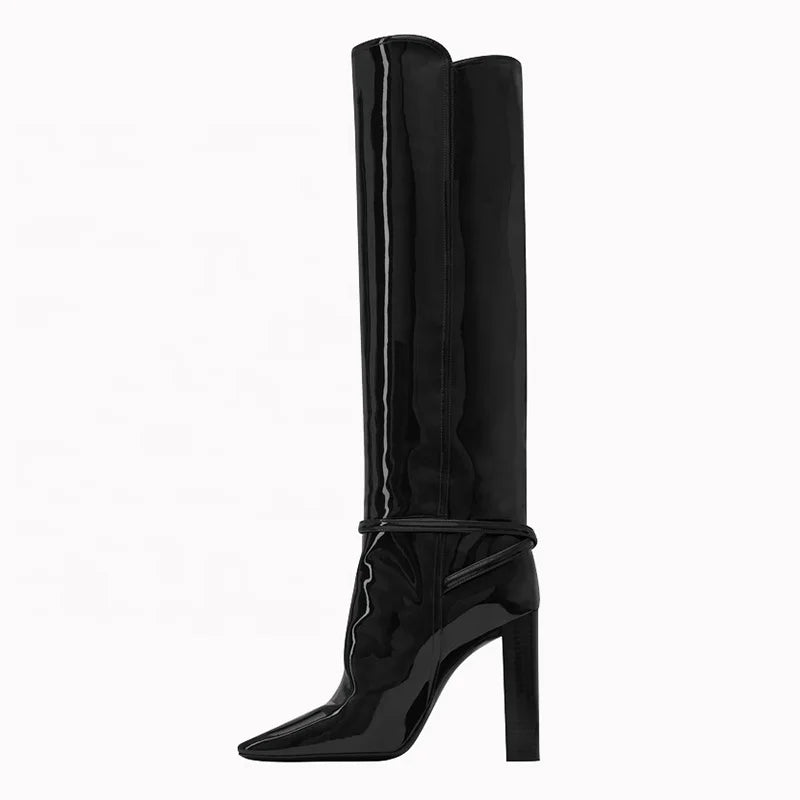 Ladies High Heeled Long Boots Chunky Heel Shiny Black Over the Knee Boots
