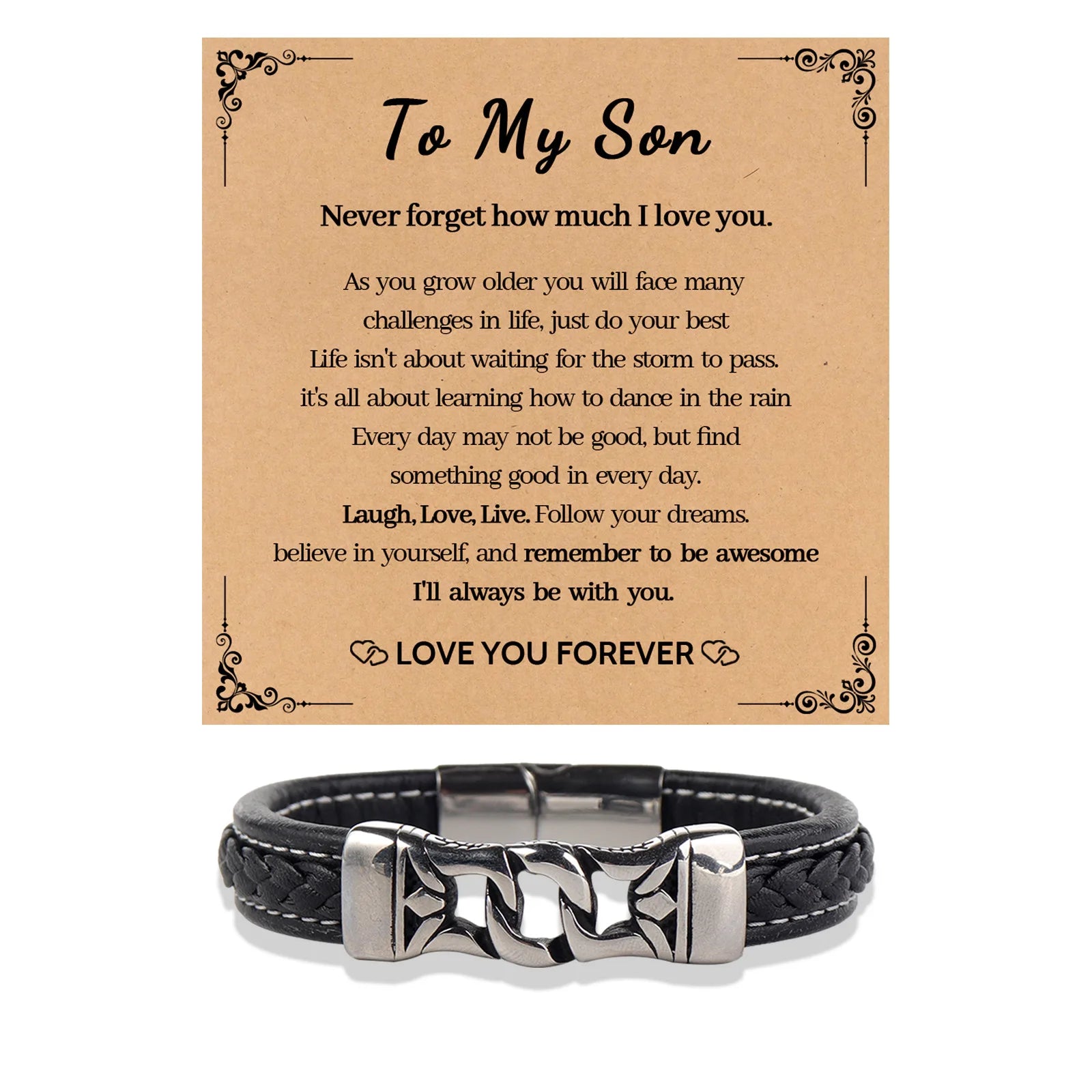 Simple Triple Twist Leather Bracelet to My Son Stainless Steel Magnetic Buckle Leather Card Bracelet to My Son
