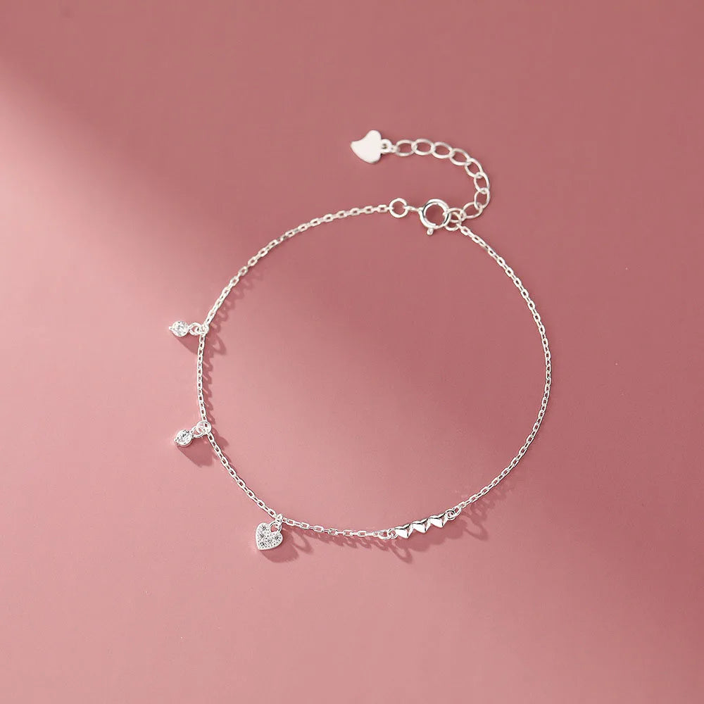 Simple Chill Fashion Pure 925 Sterling Silver Thin Chain Crystal Heart Charms Bracelets for Women Girls Jewelry