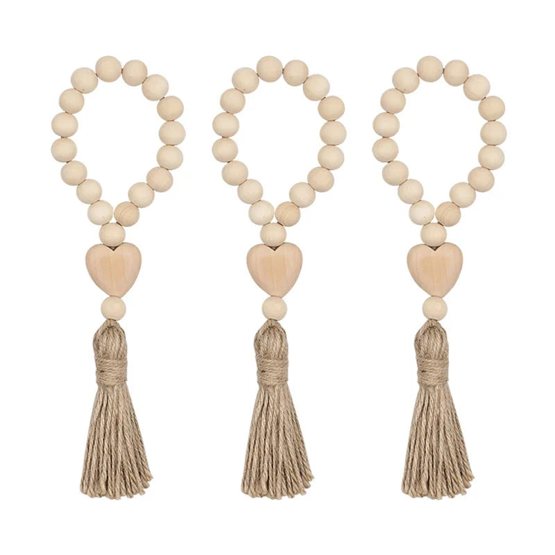 Farmhouse-Style Tassels Beads with Heart Wood Bead Garland Rustic Country Decor Prayer Beads for Door Knobs Home Decor
