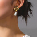 Stainless Steel Flower with Pearl Pendant Drop Earrings for Women Trendy Ladies Earrings Hanging Accessories Fashion Ear Jewelry