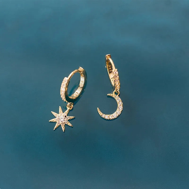 S925 Sterling Silver Ear Buckle Hoop Earrings Asymmetric Diamond Moon Star Zircon Earrings Micro-Inlaid Earrings Women
