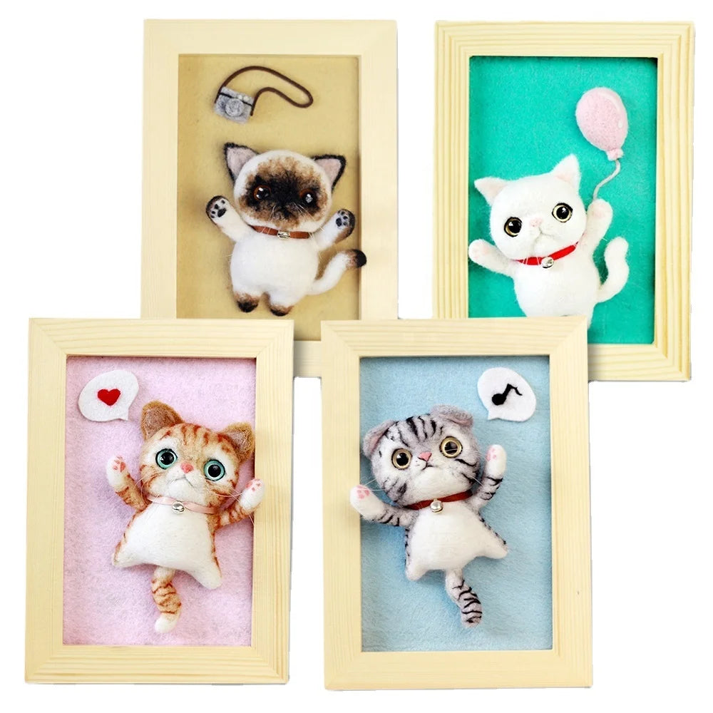 DIY Supplies Make Your Own 3D Animals Felted Cat in Photo Frame Kids and Adults Needle Felting Kit Novelty Gift
