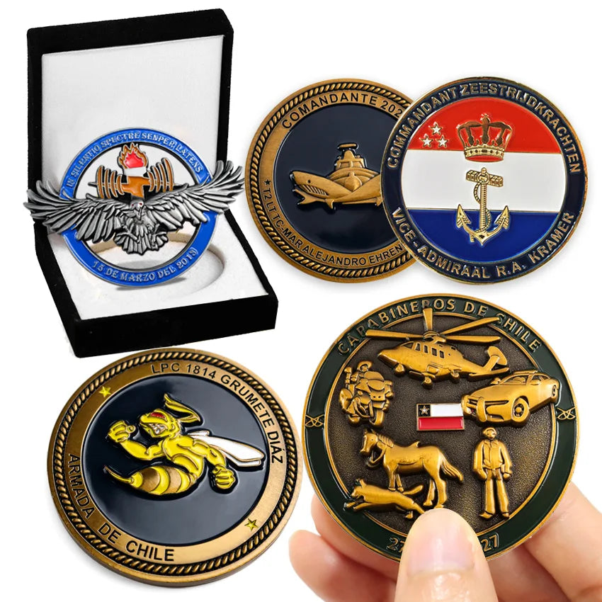 Cheap Custom Made Chile 3D Zinc Alloy Brass Metal Enamel Gold Silver Metal Souvenir Coins Challenge Coins With Packing Case