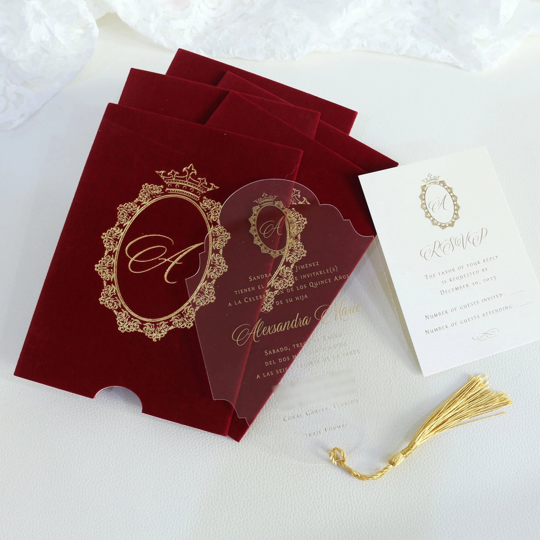 New Design Thickness 1mm clear Acrylic Wedding Invitation Card with Velvet Pocket and Tassel