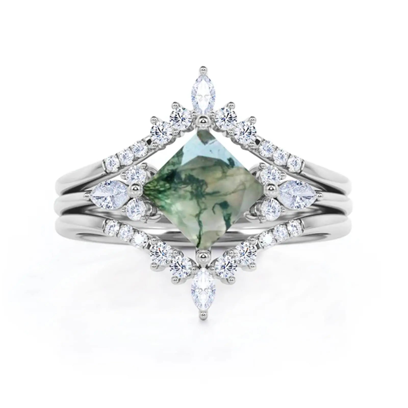 New Arrival 925 Sterling Silver Cubic Zircon Princess Cut Moss Agate Ring for Women