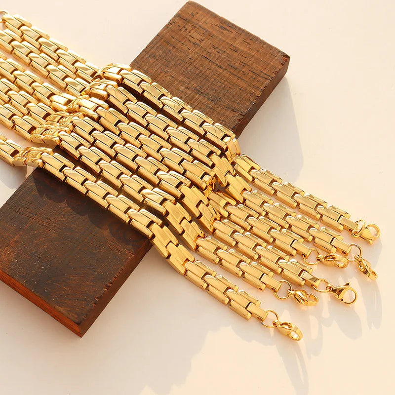 Unique and Chic Watch Band Design Flat Link Bracelet 18k Gold Plated Stainless Steel Chunky Bracelet Pulsera De Acero Inoxidable