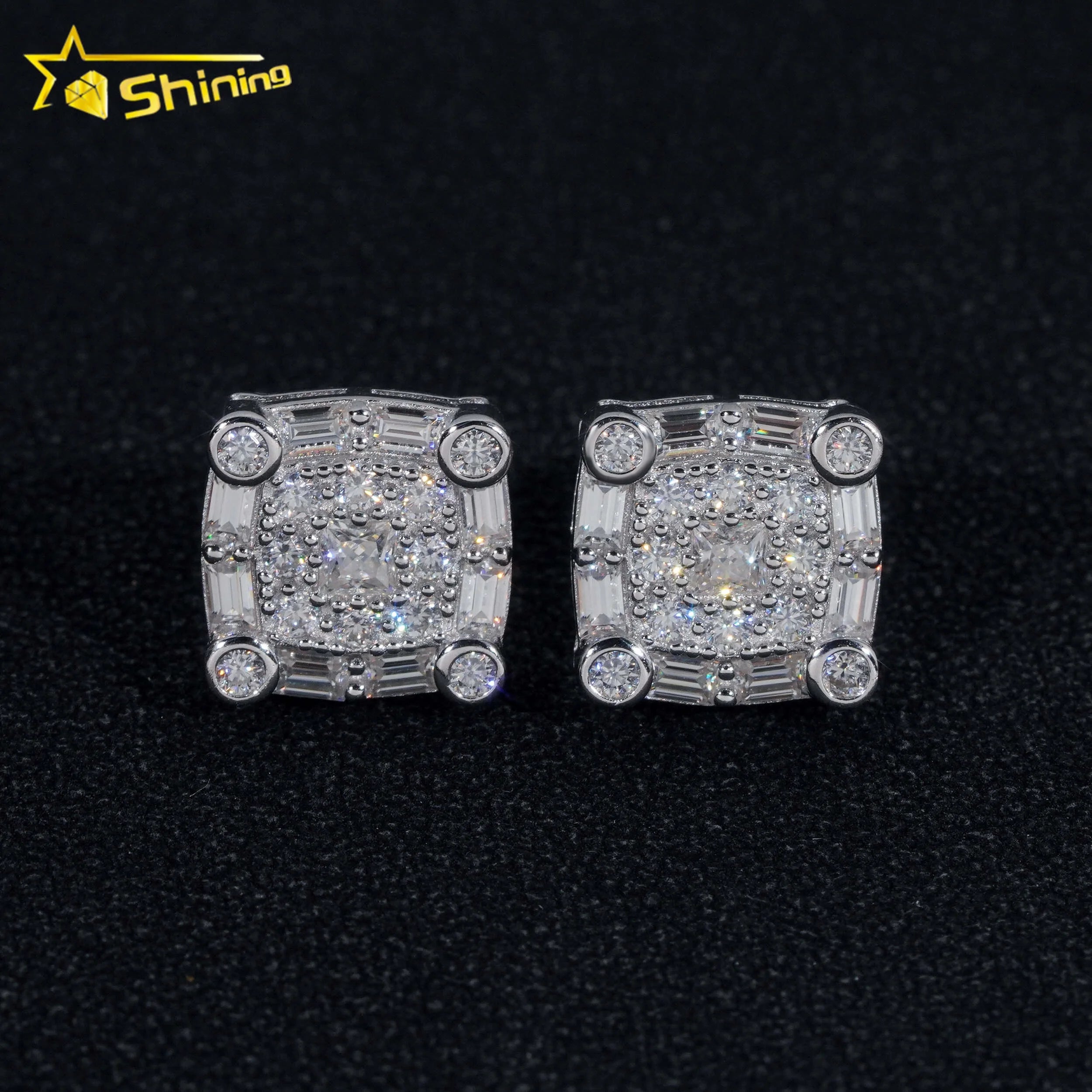 Hip Hop Jewelry Rapper Iced Out Screw Back 925 Sterling Silver Men Moissanite Stud Earrings