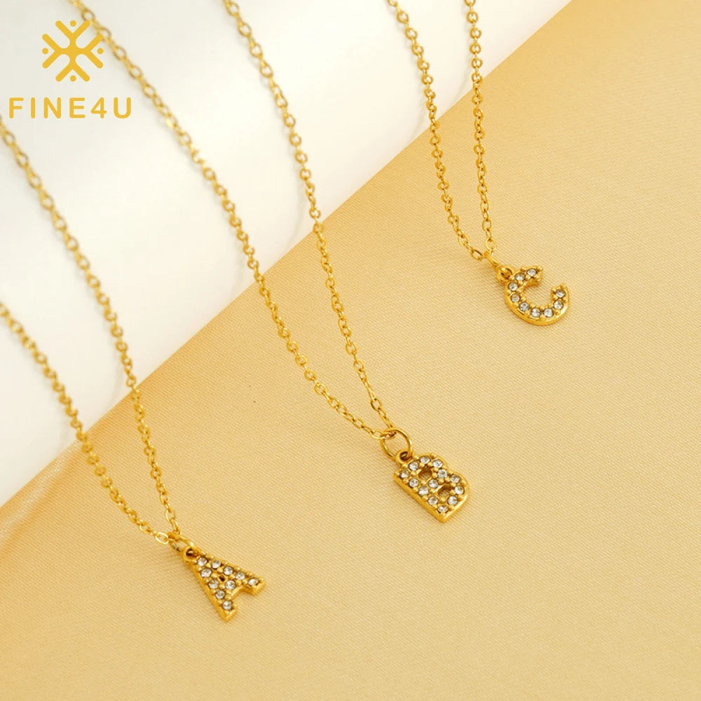 Fashion Jewelry Women Alphabet Pendant Rhinestone Stainless Steel Gold Plated Letter Charm Initial Necklace