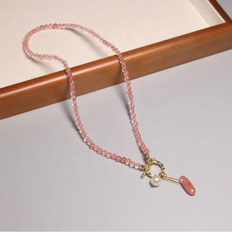 6mm Bohemian Rose Quartz Stone Necklace for Women Natural Stone Pendent Beaded OT Clasp Choker Jewelry Gift Wholesale