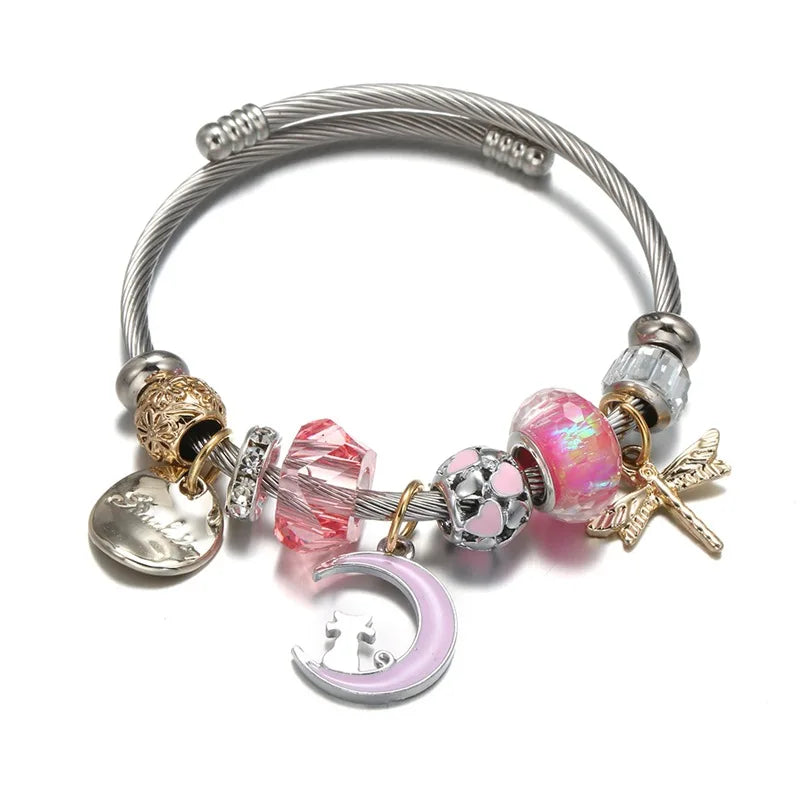 Fashion Stainless Steel Cable Bracelet DIY Alloy Crystal Butterfly Shell Flower Charm Beads Bracelet for Women Girls Gifts