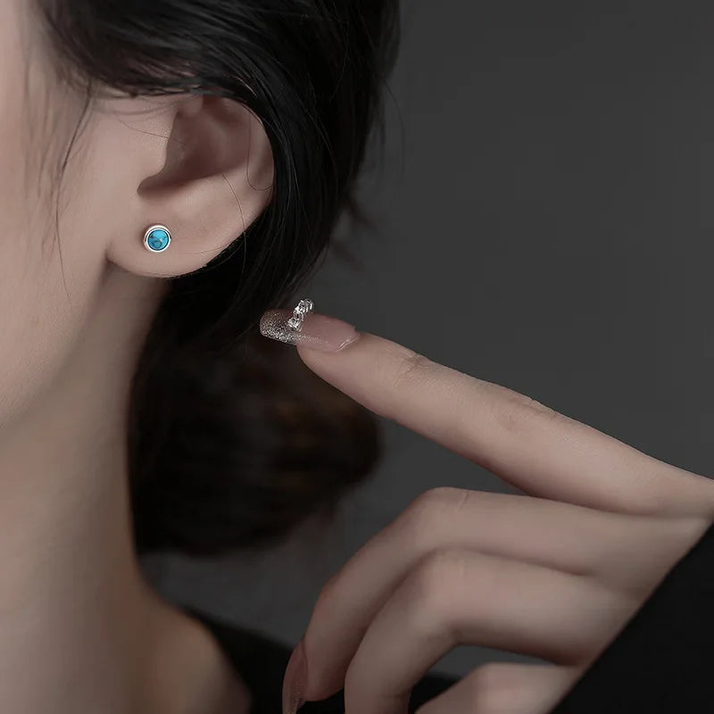 Mini Tiny Round Bezel Stone Stud Earrings Natural Stone 925 Sterling Silver Earrings for Women Girl