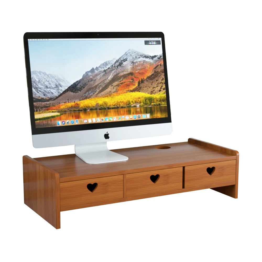 2-Tier Desktop Bamboo 3-Drawers Storage Organizer Monitor Stand Riser for Cellphone TV Printer