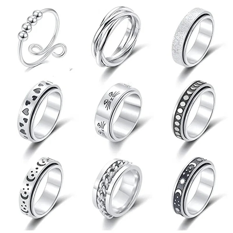 Rotatable Spinner Anxiety Fidget Ring Star Moon Wedding Rings Couple Set Stainless Steel Ring for Women Men