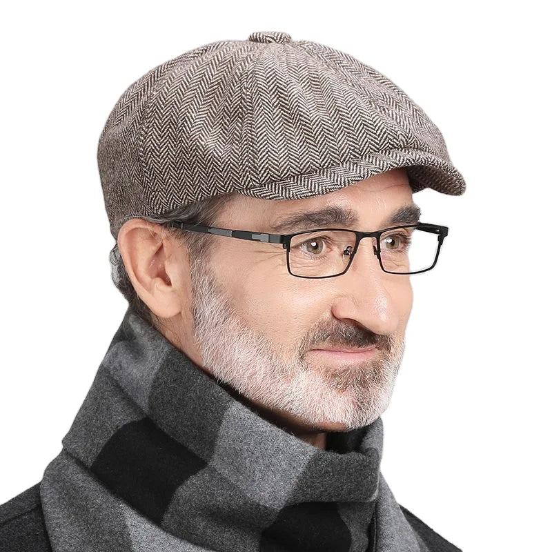 Nice Quality Men's Wool Felt Genuine Leather Newsboy Cap 8 Panel Vintage Tweed Cabbie Hat with Snap Brim for Winter