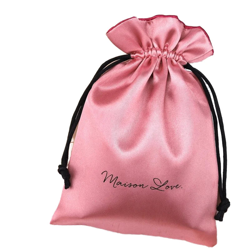 Custom Logo Silk Screen Printed Pink Satin Drawstring Bag for Luxury Hair Silk Perfume & Jewelry Gift Packaging