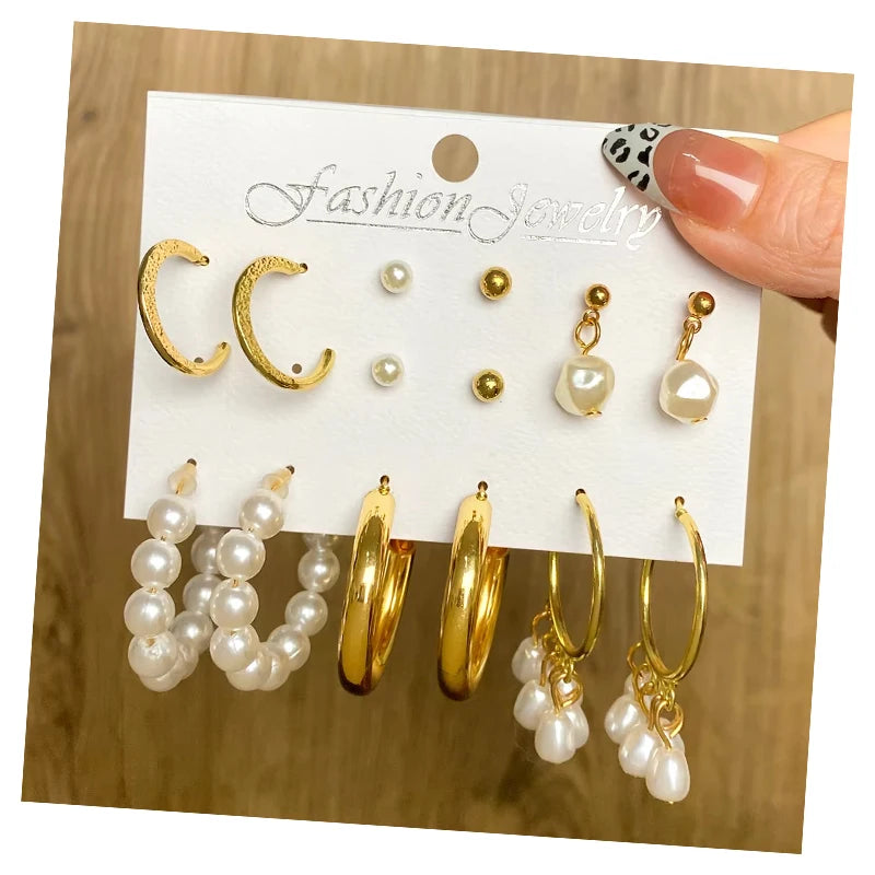 Fashion Jewelry Pearl Stud Earrings Cards Gold Plated Irregular Pearl Butterfly Hoop Earrings Set for Women Gift