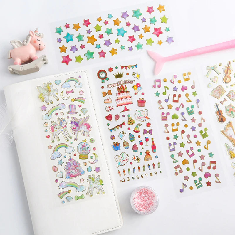 1sheet/pack Kawaii Hot Stamping Transparent Stickers Scrapbooking Heart Cake Music Diy Decoration Sticker Gifts for Girls
