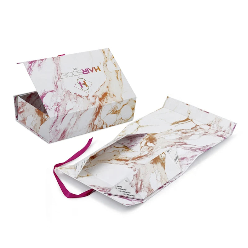 Collapsible Rigid Package Marble Style Custom Printed Hair Band Wig Products Paper Packaging Magnetic Boxes for Hair Extensions