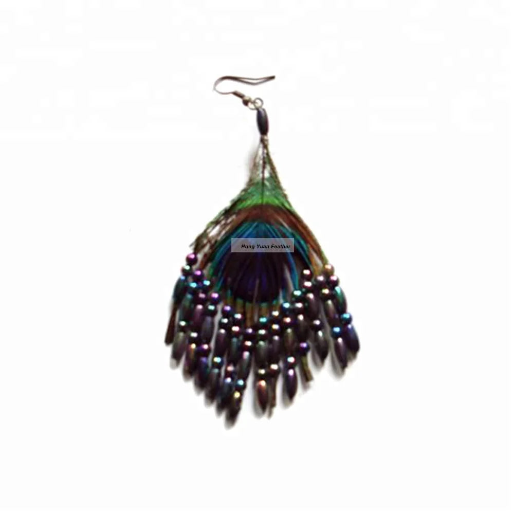 Customize Wholesale Bulk Vintage Handmade Bohemian Boho Long Tassel Real Feather Drop Dangle Hoop Fine Fashion Earring for Women MegaBDM