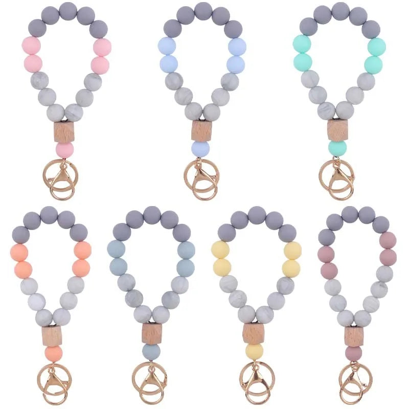 Wholesale Marble Colorful Silicone Bead Bangle Bracelet Keyring Creative Mental Wood Beaded Wristlet for Women Men Hand Jewelry