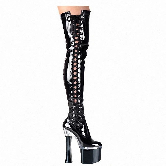 18cm Ultra High Heels Boots Platform Leather Lace-up 7 Inch Over the Knee Boots Thigh High Boots for Women Plus Big Size PU