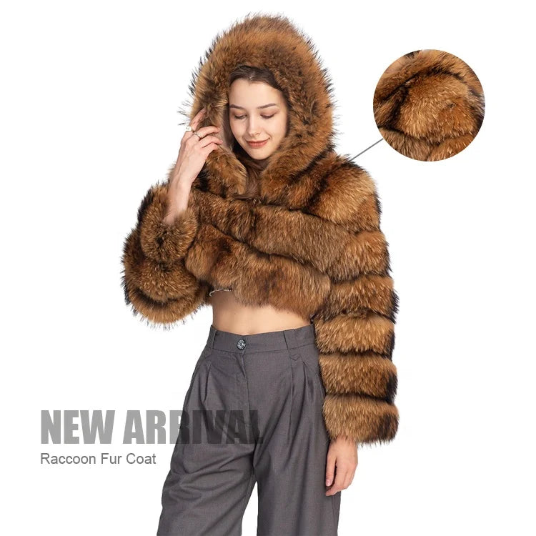 Women Fashion Fur Bomber Jackets Thick Warm Hooded Real Raccoon Fur Coat