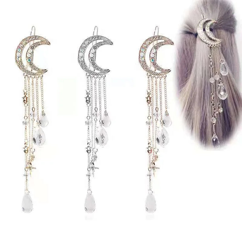 Luxury Designer Cross Border Tassel Jewelry Metal Hair Pin Slide Accessories Crystal Star Moon Long Chain Embellished Hair Clips