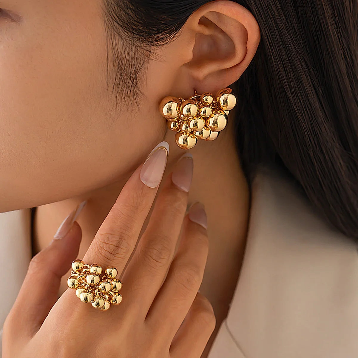 Jachon Full Gold Bead Wedding Jewelry Set  Alloy Classic Erring Ring Set for Engagement Anniversary Party Gift