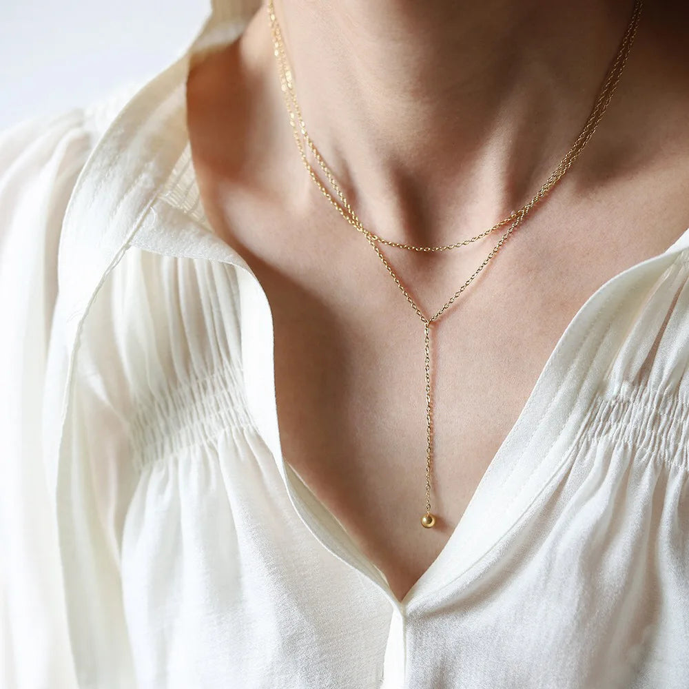 Dainty Waterproof Jewelry 18K Gold Plated Stainless Steel Double Layered Long Tassel Necklace for Women YF3573