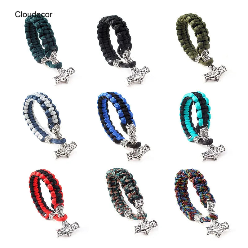 Vintage Viking Thor Hammer Charm Bracelet Antique Silver Handmade Camo Knitted Bracelet Custom Color Nordic Pirate Men Bracelet