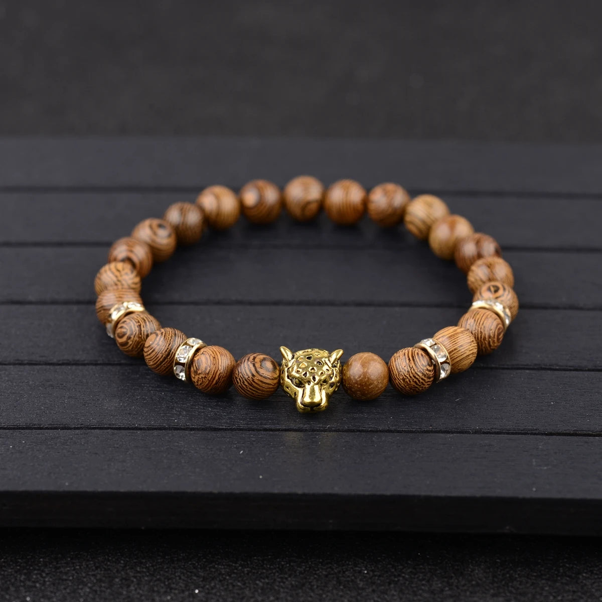 Handcrafted Silver Plated Bohemian Fashionable Wooden Men's Leopard Head Bracelet