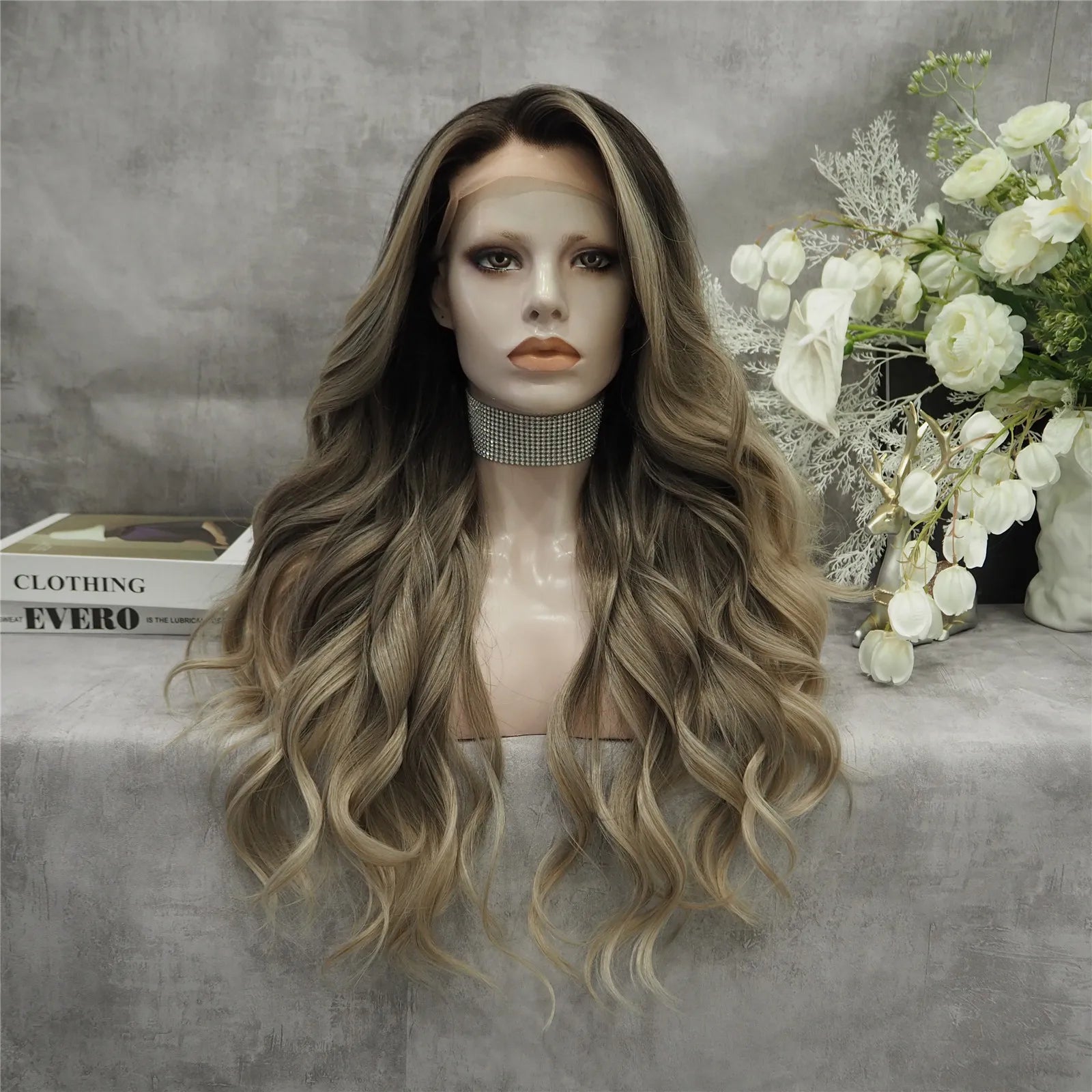Celebrity Wig Dark Brown Ombre Light Color Daily Life Wearing Henlon Fiber Synthetic Lace Front Wigs