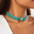 2023 New Arrival Fashion Jewelry Elegant Multi Layered Pearl Neck Chain Luxury Turquoise Stone Round Pendant Necklaces Women