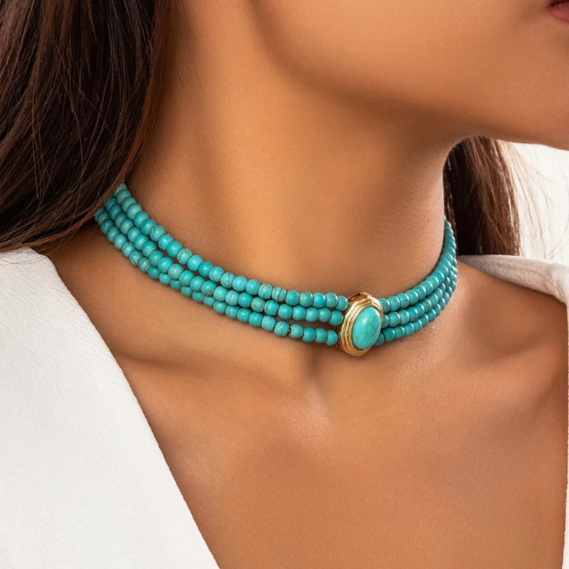 2023 New Arrival Fashion Jewelry Elegant Multi Layered Pearl Neck Chain Luxury Turquoise Stone Round Pendant Necklaces Women