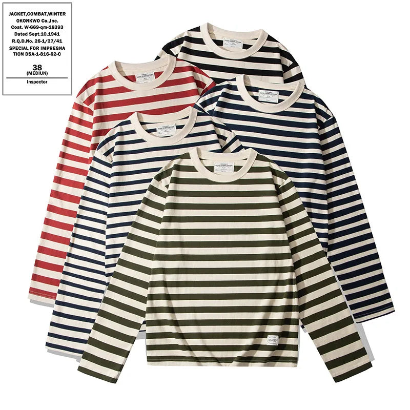 230g Heavy Jersey Long Sleeve Striped Casual Deck Sea Soul Design Round Neck 100% Cotton Yarn Dyed Men's Women's Casual T-shirt