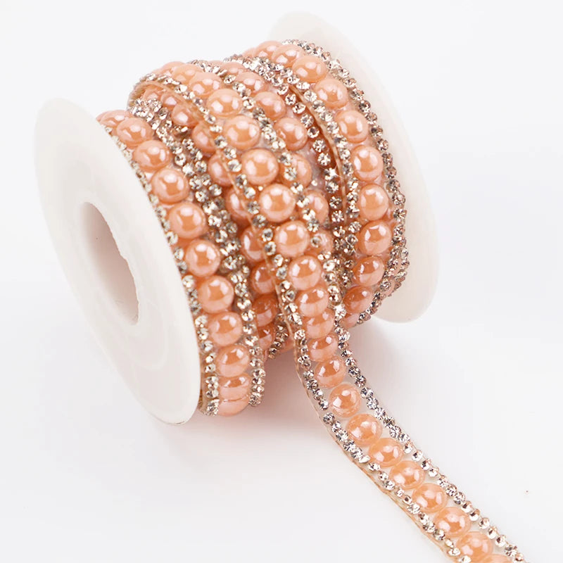 3 Yards 6mm Pearl Rhinestone Trim Applique Crystal Beaded Chain White Pearl Banding Inlaid Fringe Rhinestones Sheet Trim