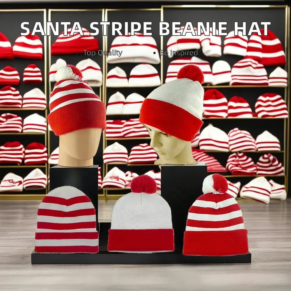 Unisex Red White Striped Pom Pom Cuff Beanie 3D Embroidery Windproof Breathable Winter Sports Travel Hat for Adults Beach Gift