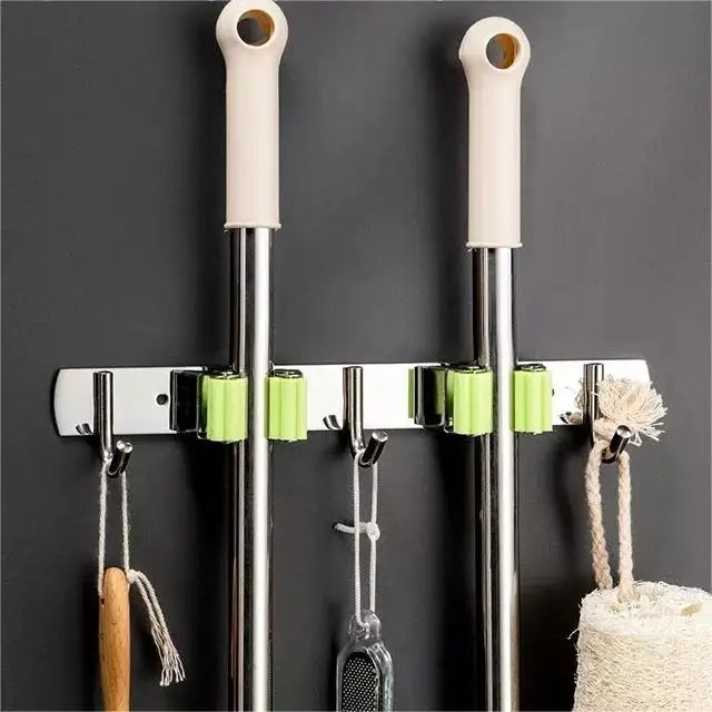 Multifunctional Durable Wall Mounted Punch Free Single Mop Clips Rack Kitchen Bathroom Garage Stainless Steel Cleaning