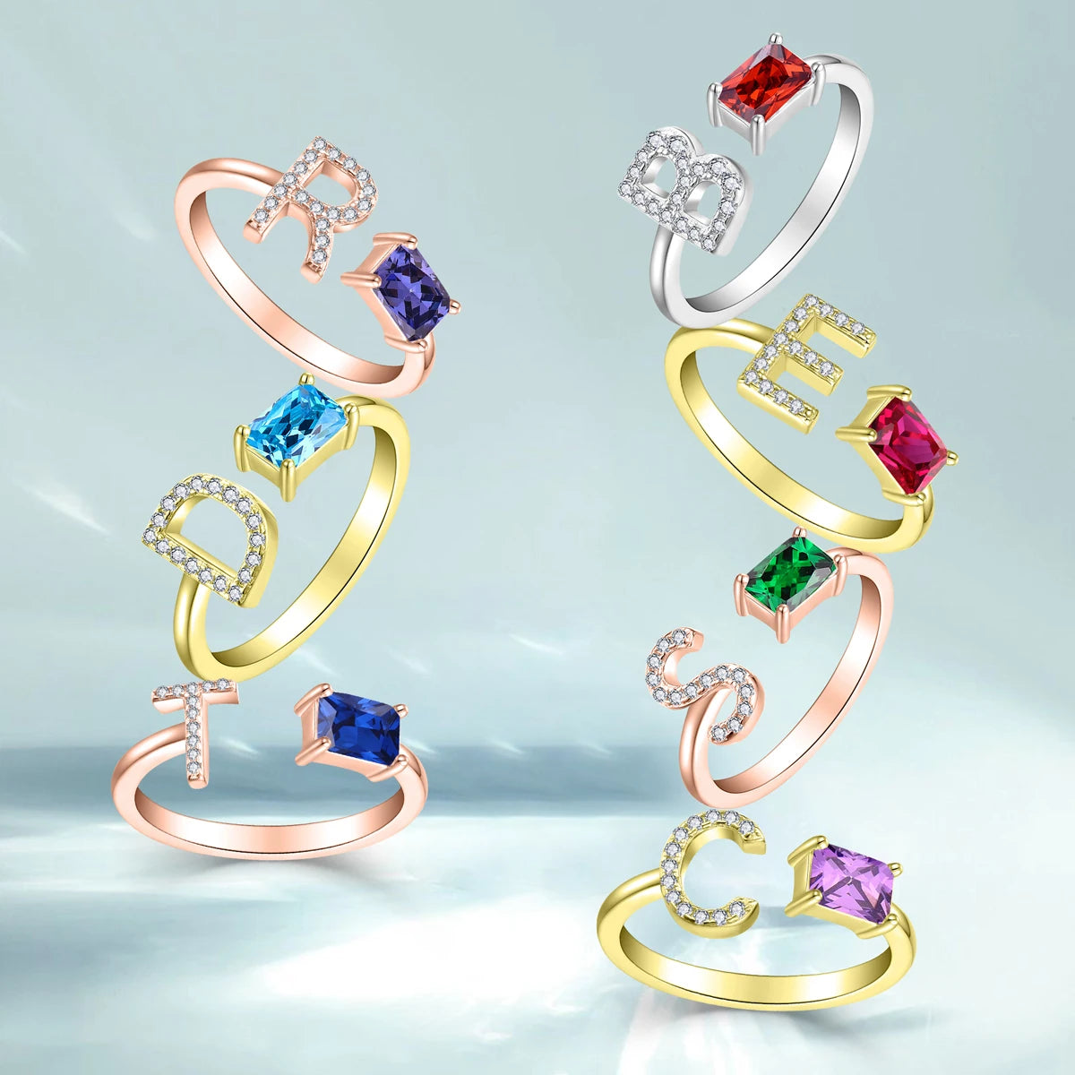 A to Z Letter Gemstone Zircon 925 Sterling Silver Jewelry Adjustable Initial Letter Rings for Women
