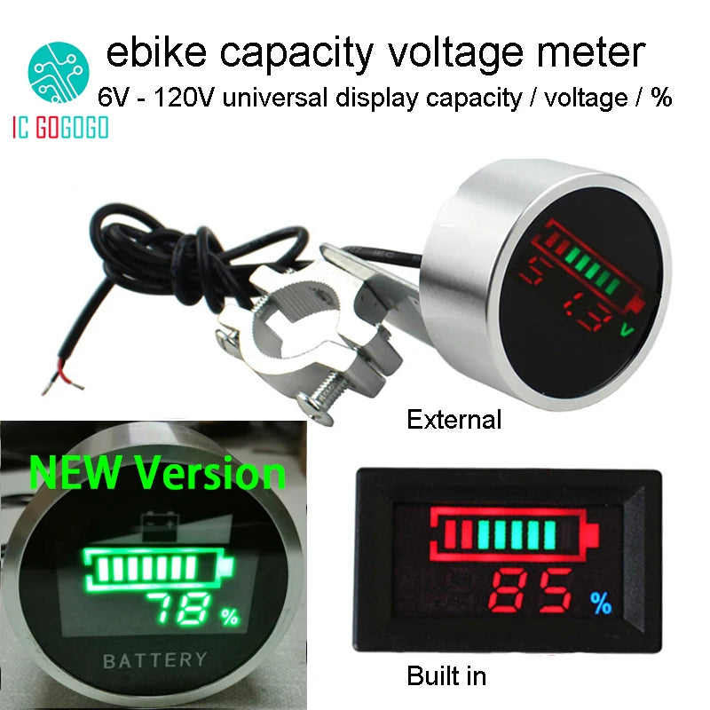 12V 24V 36V 48V 60V 72V 84V 120V EBike Battery Capacity Indicator Voltage Meter Percentage Display Lifepo4 Li-ion Lead Acid