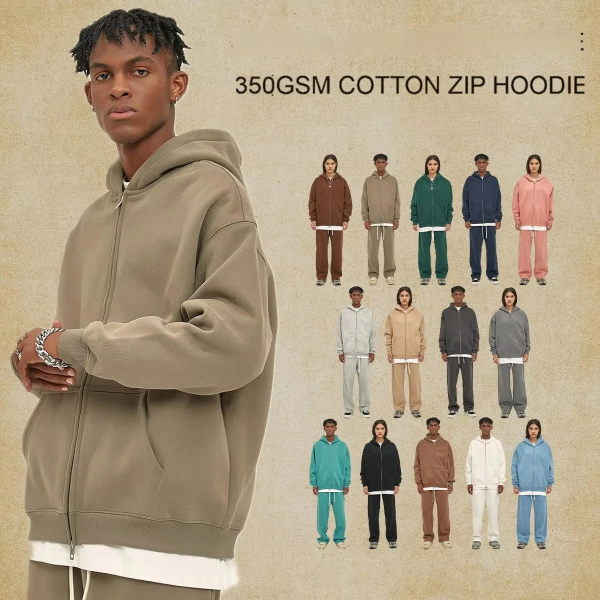 Custom Pullover Hooded Collar Embroidered Pocket Embroidery Solid Color Fall square Full Heavyweight Zipper Hoodie Set