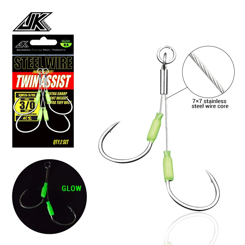 JK Fishing SWLS-L 1/0-5/0 7X7 Steel Wire Assit Line Jigging Fish Hooks Glow 63LB-152LB Double Lure Bait Jig Assist Hook