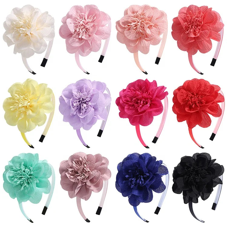 Wholesale Solid Color Chiffon Fabric Hairband for Girls Big Flower Design Hair Accessories