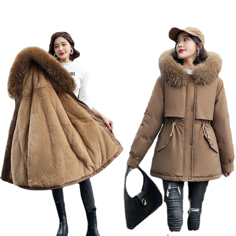 Jtfur Wholesale Winter Warm Ladies Faux Fur Coat Solid Color Fashion Faux Fur Hood Women Parka Jacket