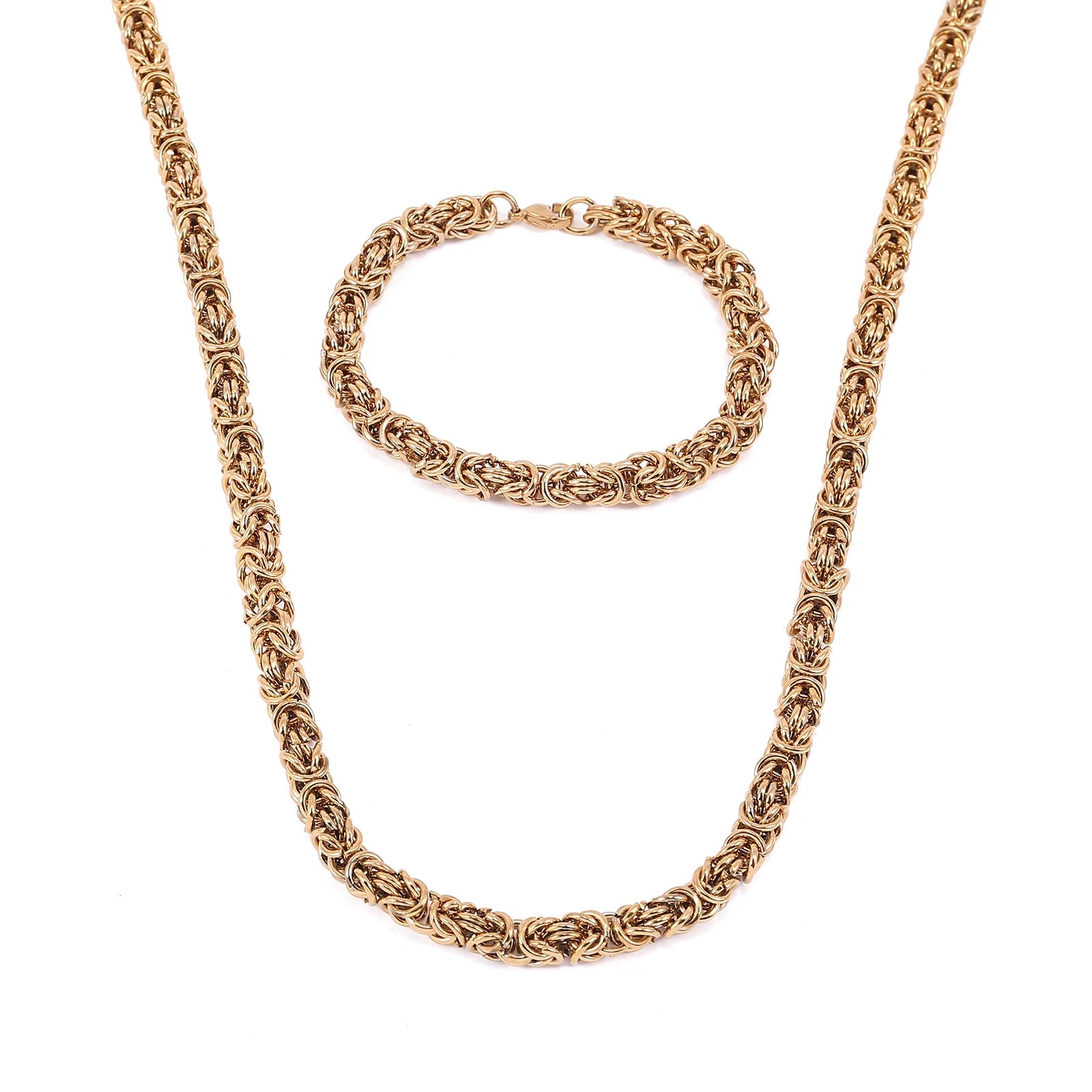 Mens Stainless Steel Jewelry Set Full Gold Plating Chain Bracelet Byzantium Chain Necklace Chain